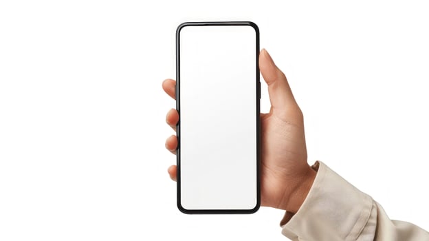 Hand holding mobile phone with blank white screen for app interface mockup and modern technology concept photo