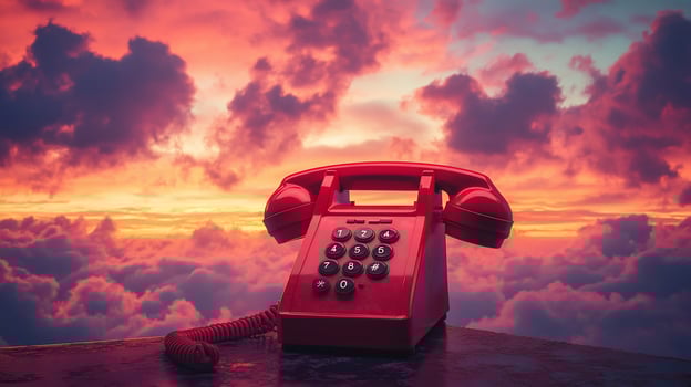 Red rotary phone on clouds at sunset. photo