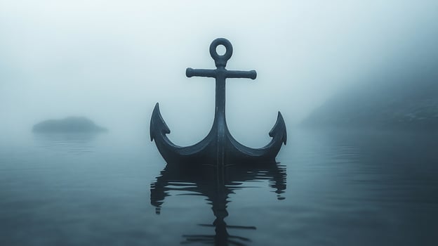 Large anchor floats in misty water. photo