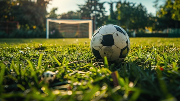 Soccer ball on green grass field in outdoor setting photo