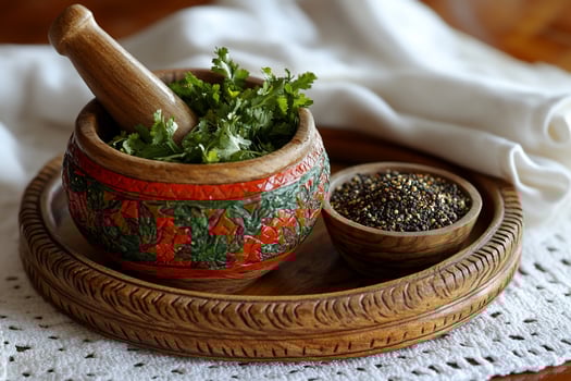 Cilantro and peppercorns in ornate wooden mortar and pestle. photo