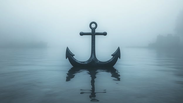 A large anchor floats in calm, misty water, reflecting its shape. photo