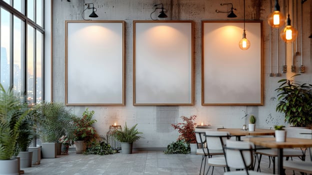 Three blank posters on concrete wall with plants and modern furniture mockup photo