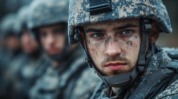 Closeup portrait of a determined soldier with dirt on his face, in camouflage uniform, with fellow soldiers in the background. photo