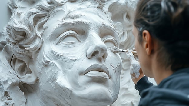 Sculptor meticulously detailing a clay bust. photo