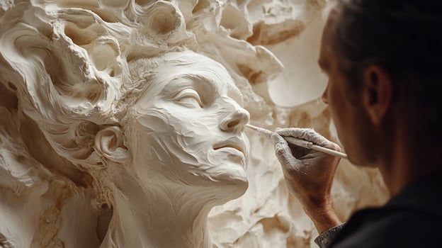 Sculptor meticulously detailing a womans face on a large, abstract relief sculpture. photo