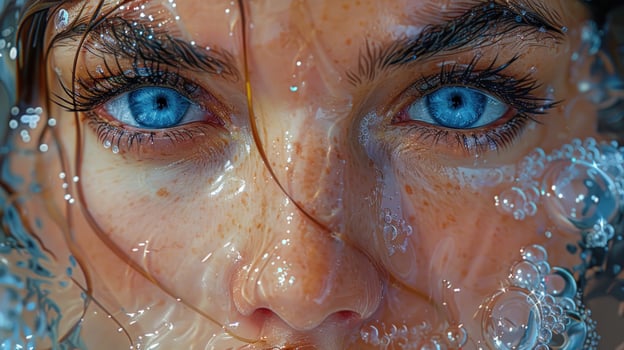 Ethereal beauty portrait face partially submerged in water with bubbles reflecting light photo