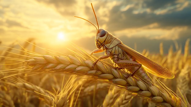 Grasshopper on wheat at sunset. photo