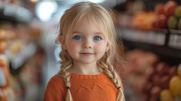 Adorable toddler girl with braids in a grocery store. photo