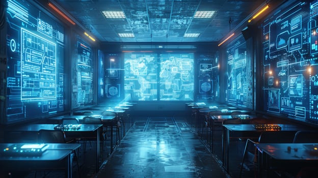 Futuristic control room with digital interfaces and world map display photo