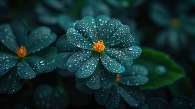 Water droplets on blue green four leaf plant macro photo