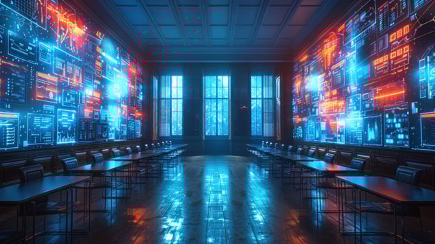 High tech control room with data screens and modern workplace interior photo
