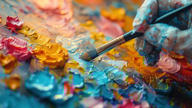 Painterly close up of paint palette and hand holding paintbrush with vivid colors photo