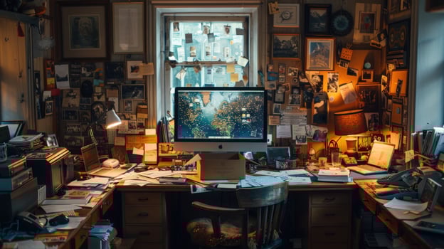 Cluttered office desk with computer monitor papers books and vintage decor photo