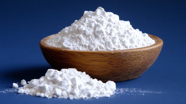 White powder in wooden bowl, closeup. photo