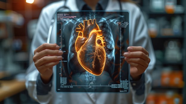 Medical professional examining digital heart scan on tablet device photo