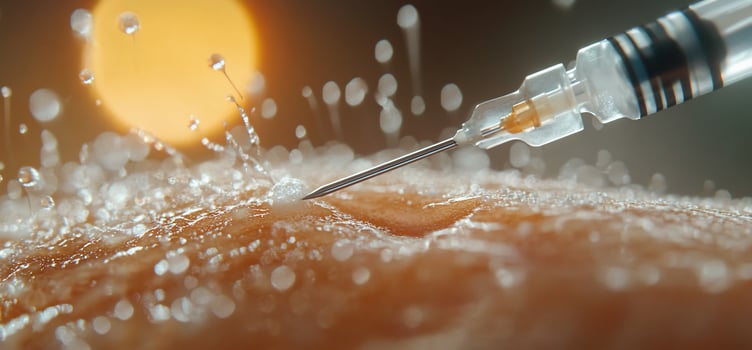 Closeup of needle injecting liquid into skin, water droplets splashing. photo