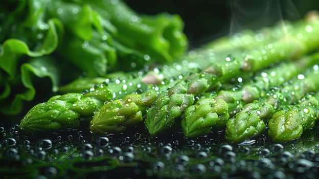 Fresh asparagus spears with water droplets and lettuce for healthy eating and culinary concepts photo