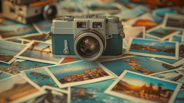 Vintage camera on travel photos film photography and retro vacation concept