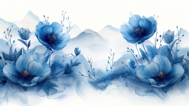 Watercolor floral landscape painting serene blue and white blossom artwork photo