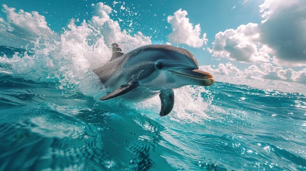 Dolphin leaps from ocean water splashing marine wildlife photo