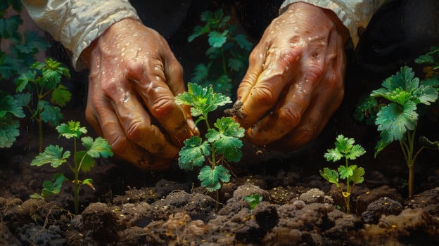 Hands planting seedling in soil new life gardening agriculture photo
