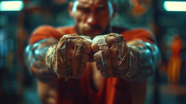 Muscular man clenched fist with hand wrap ready for fighting strength and determination photo