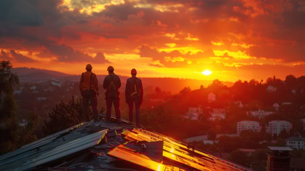 Construction workers on roof at sunset damage assessment and repair photo
