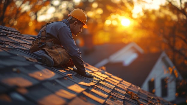 Roofer inspecting shingles on a house roof during sunset construction job photo