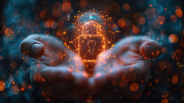 Digital security conceptual visualization hand protecting glowing lock photo