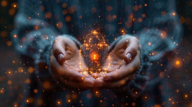 Digital security padlock symbolizing data protection held in hands photo