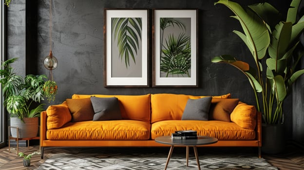 Stylish living room interior with orange sofa and botanical art prints photo