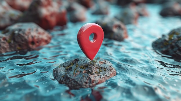 Location pin on rock in water navigation and destination concept photo