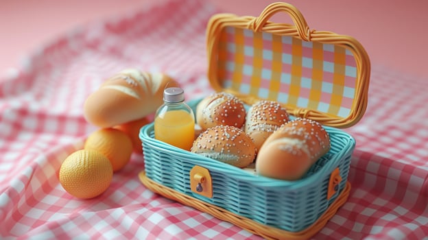Miniature picnic with bread rolls and oranges on gingham tablecloth still life photo