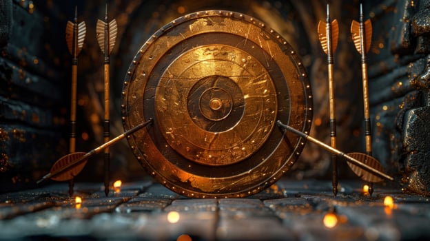 Shield with arrows studio shot targeting accuracy and historical symbolism photo