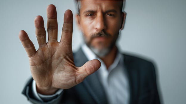 Man stop gesture business concept showing hand for stopping protection authority photo