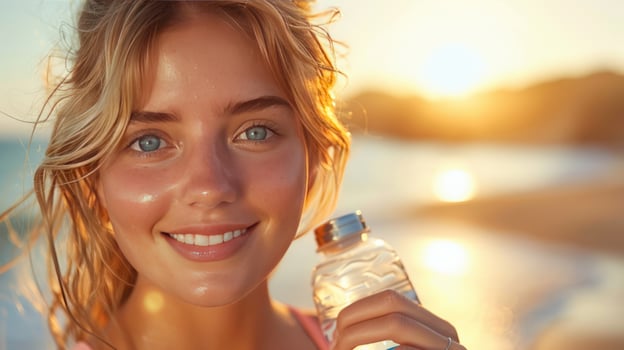 Hydration at sunset happy woman holding water bottle after outdoor activity photo