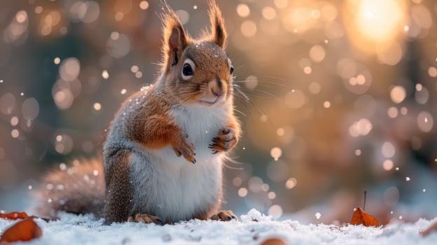 Squirrel standing in snow surrounded by bokeh lights winter scene photo