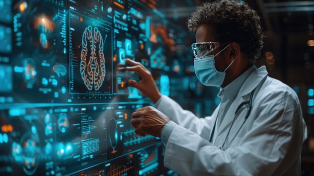 Medical professional analyzing brain scan data on futuristic screen photo