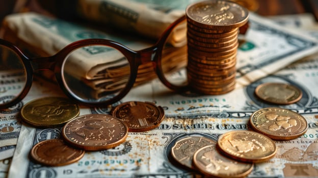 Financial wealth coins paper money stack and glasses still life photo