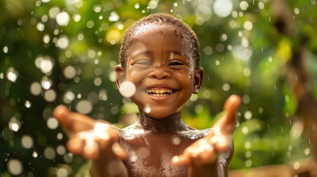 Joyful child playing with water on a sunny day photo