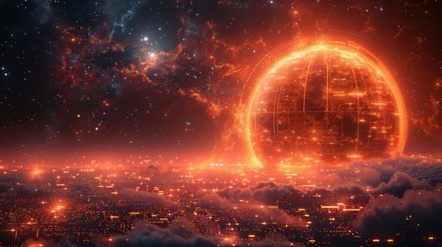 Futuristic digital sphere above glowing cityscape abstract technology concept photo