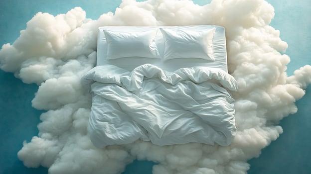 Top view of an unmade bed nestled in fluffy clouds on a light blue background. photo