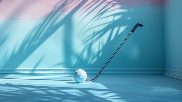 Golf ball and club with abstract shadow background for sport advertising photo