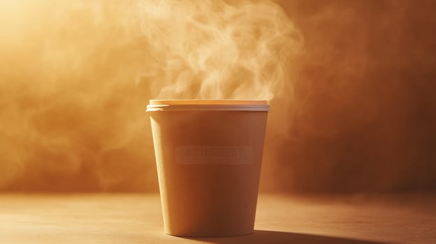 Steaming hot coffee in a paper cup on a table. photo