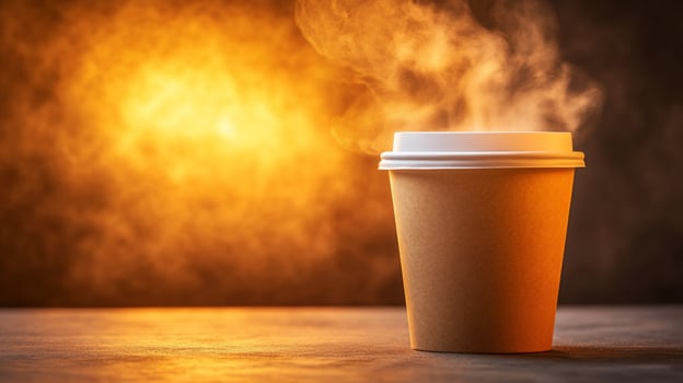 Steaming hot coffee in a paper cup on a dark background. photo