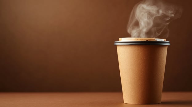 Steaming hot coffee in a disposable paper cup on a brown background. photo