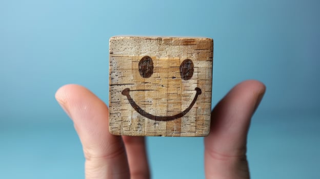 Smiling face on wooden block held in hand represents positive emotions photo