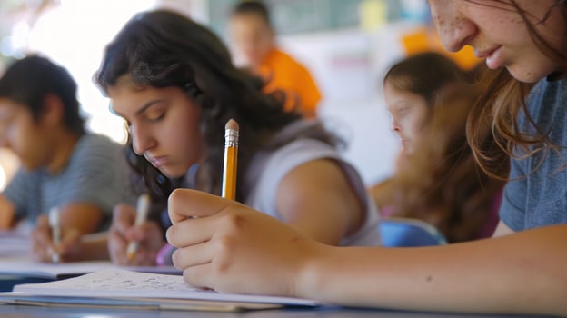 Students in classroom taking test writing with pencils educational concept photo