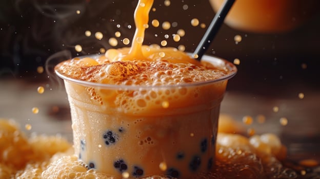 Bubble tea drink with tapioca pearls pouring into cup photo